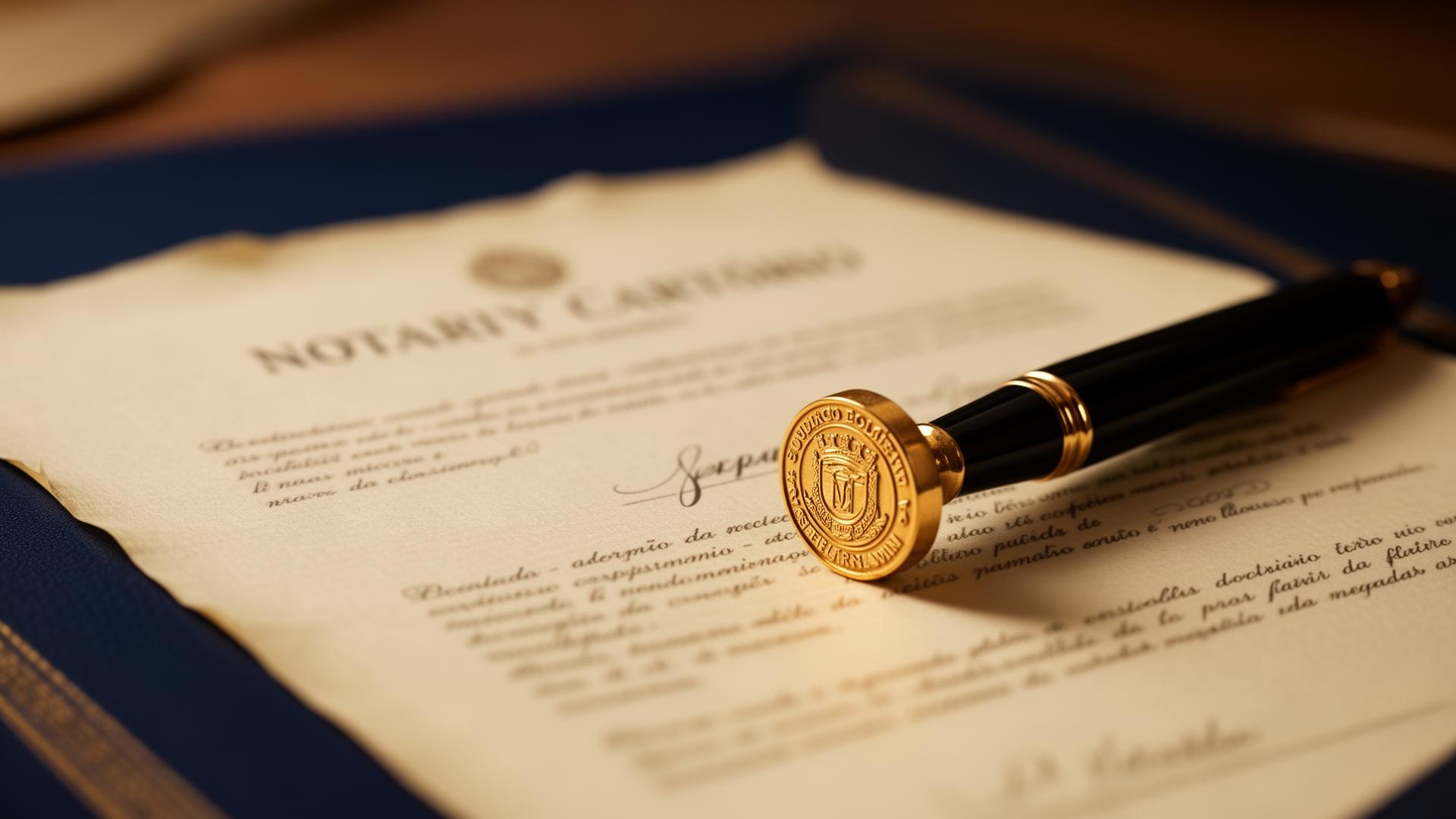 Documento cartorário com selo dourado e caneta-tinteiro